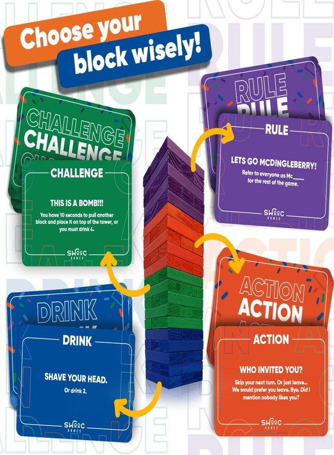 SWOOC Games - Ultimate Party Tower™ - 100 Original Commands, 60 Blocks, & 1000s of Hilarious Rule Combinations - A Tipsy Spin on Fun Classic Games for Power Hour - Ages 21+ - Wooden Tower Blocks Game - Image 4
